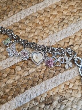 ANNE KLEIN Silver-Tone Hear Charm Watch Bracelet with Multicolor Crystal Charms